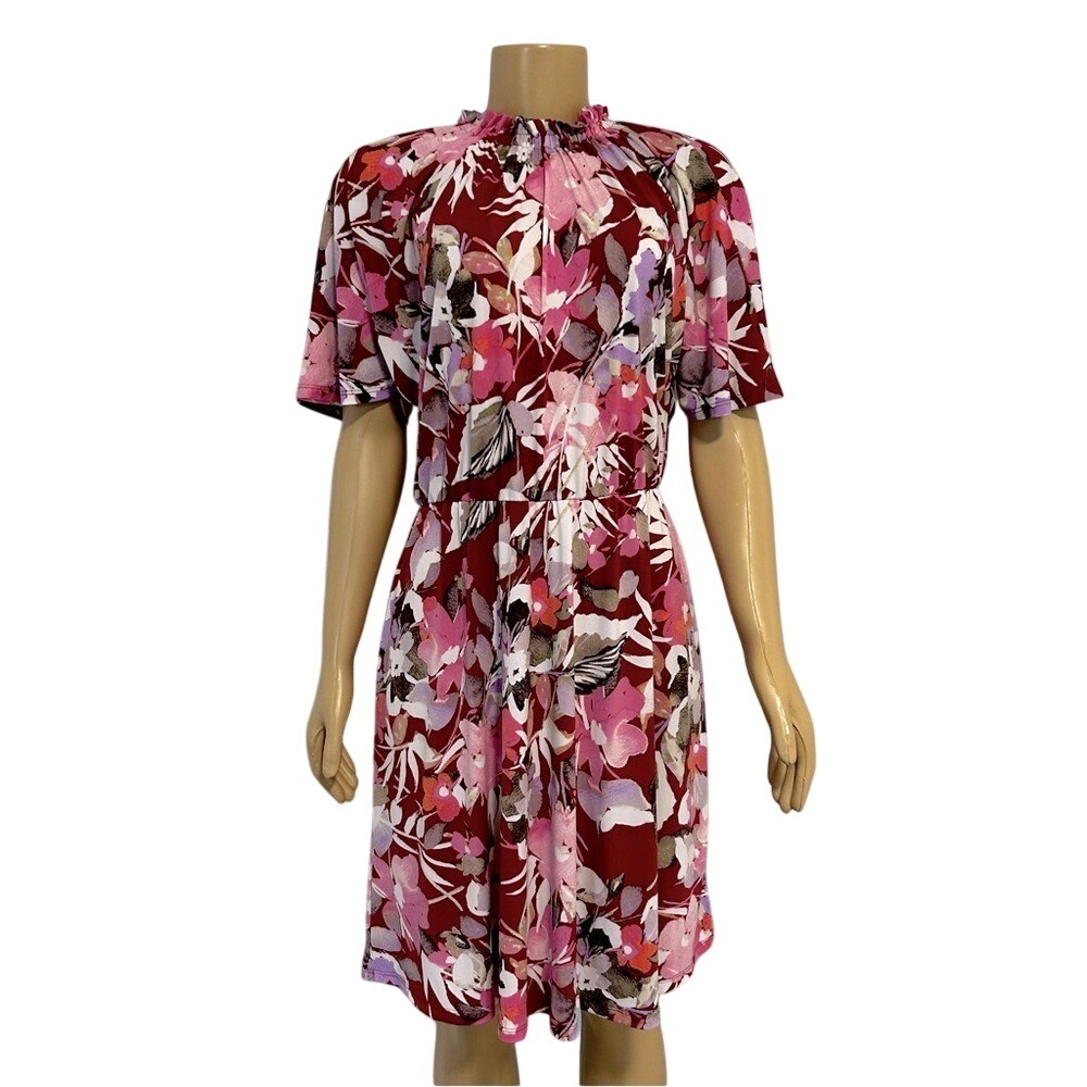 Maggy London Floral Ruffle Neck Midi Dress Burgundy Pink Short Sleeve Womens 6